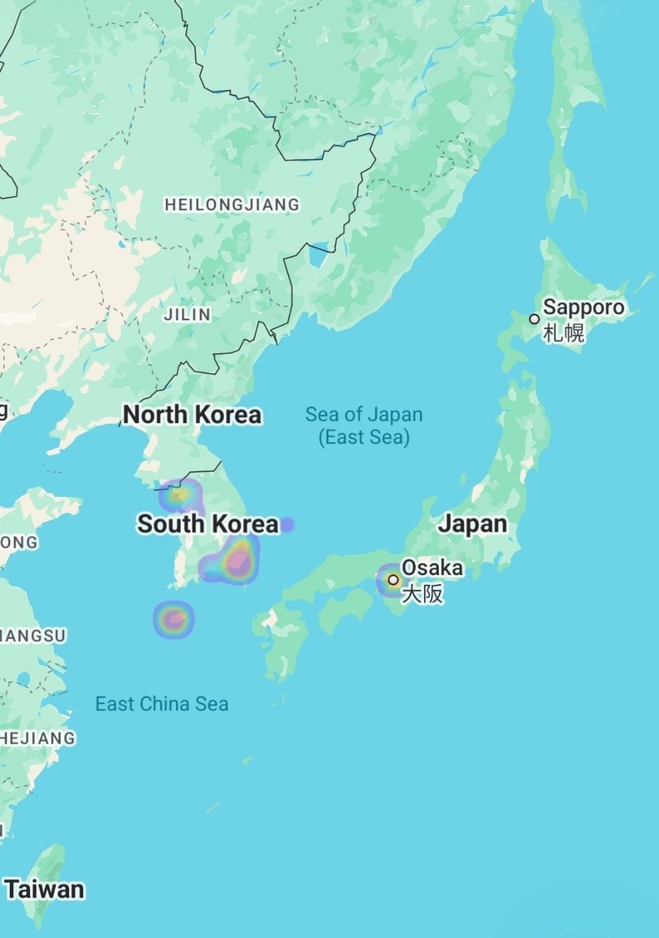 Google Photos heatmap of Herman's photos across Korea and Japan, with clusters around Seoul, Busan, Jeju, and Osaka
