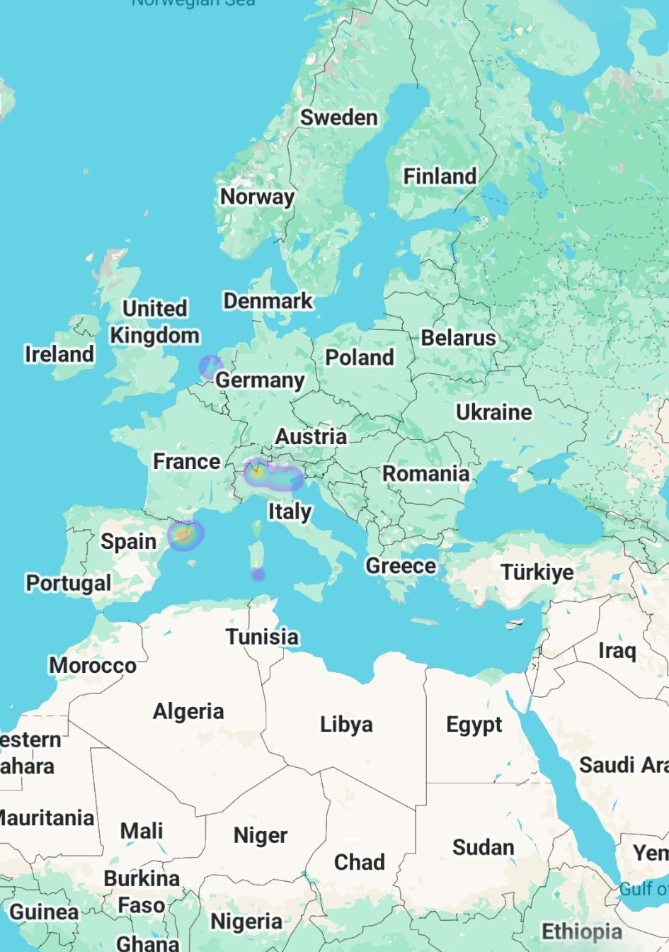 Google Photos heatmap of Herman's photos across Europe, with clusters around Amsterdam and Barcelona