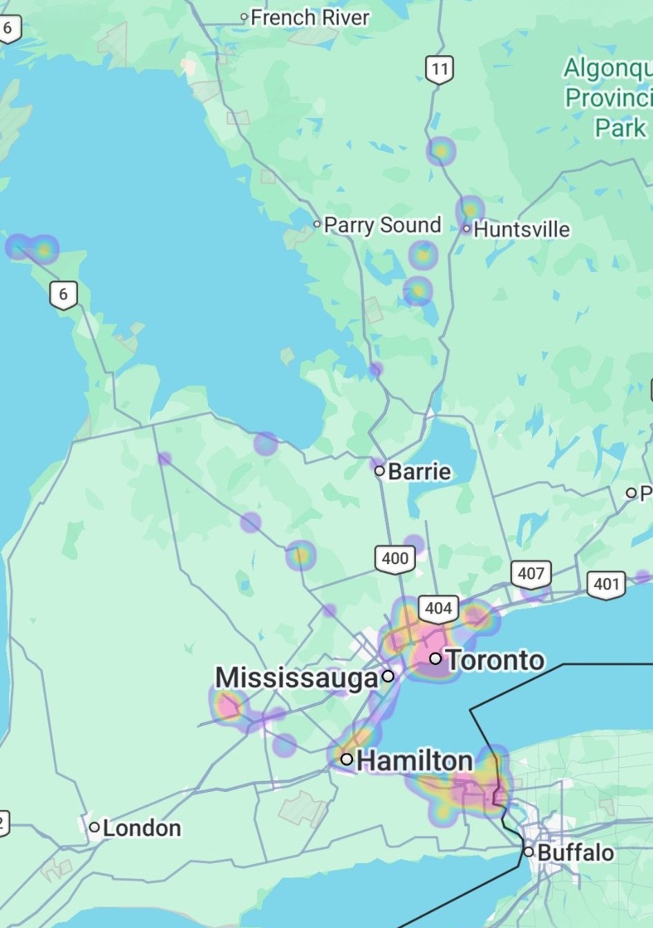 Google Photos heatmap of Herman's photos across southern Ontario, densest around Toronto, Hamilton, and Niagara